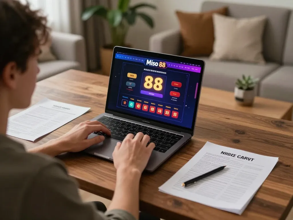 Miso 88 online gaming with player studying strategies in a cozy home setup.