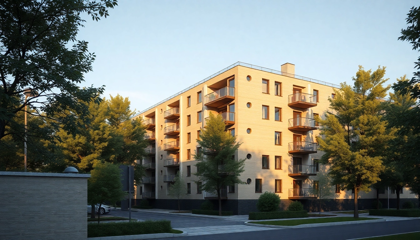 Visualisierung Architektur: realistische 3D-Visualisierung eines modernen Wohngebäudes in urbaner Umgebung mit Blauem Himmel.