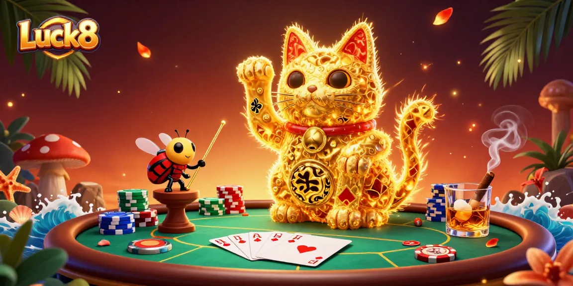 Engage with Luck8's vibrant poker adventure through a captivating 3D illustration of gaming symbols.