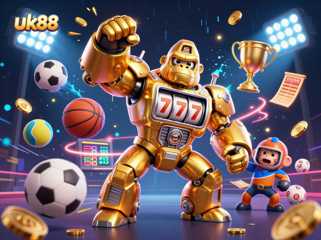 Win big with uk88 as a golden gorilla mech unleashes coins in a dynamic casino scene.