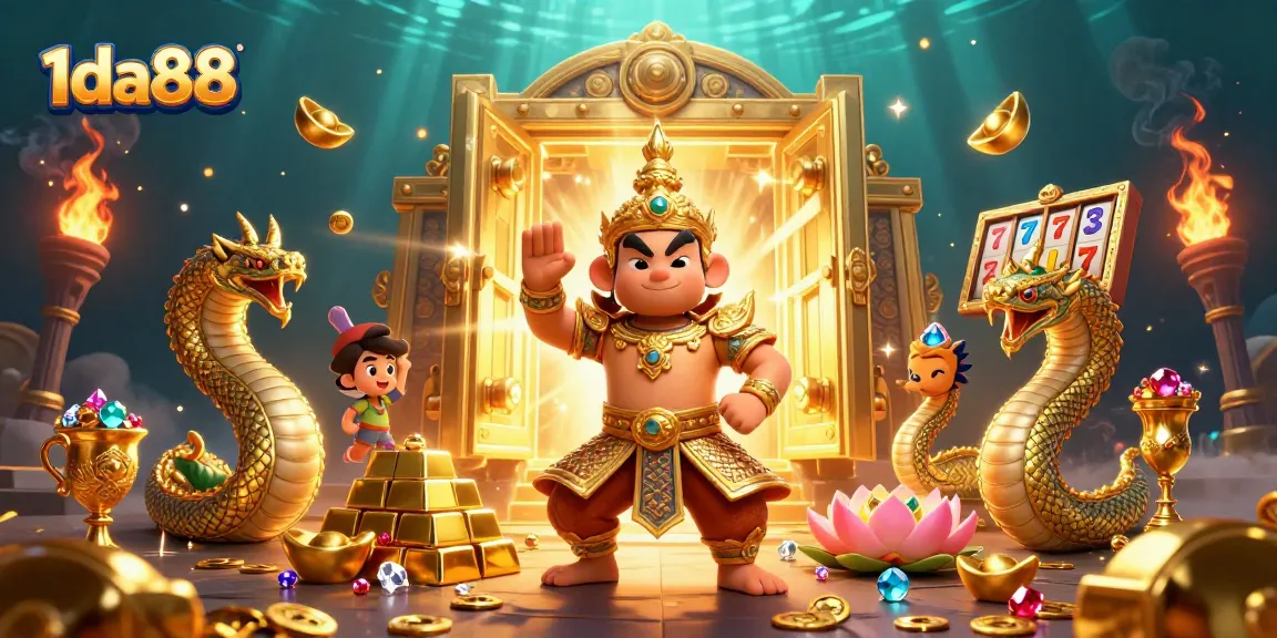 Experience the excitement of 1da88 with golden treasures and interactive gaming elements in a vibrant casino setting.