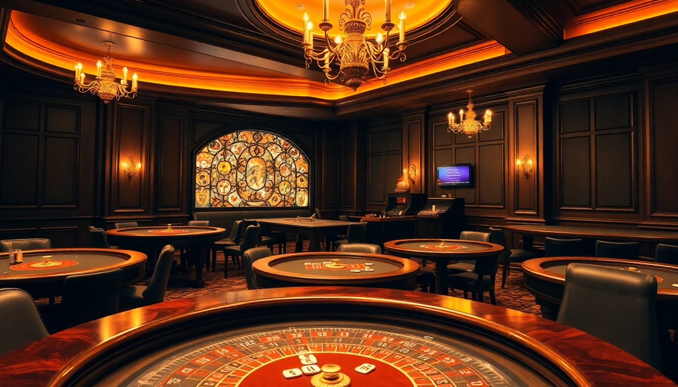 Erlebe spannende Casino Online Spiele in einem luxuriösen Ambiente mit eleganten Spieltischen.