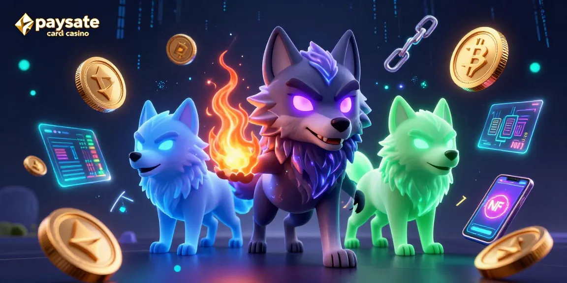 Paysafe Card Casino-Szene, die einen Schattenwolfpack-Anführer und geisterhafte Wölfe inmitten dynamischer Krypto-Elemente zeigt und lebendige Casinothemen präsentiert.