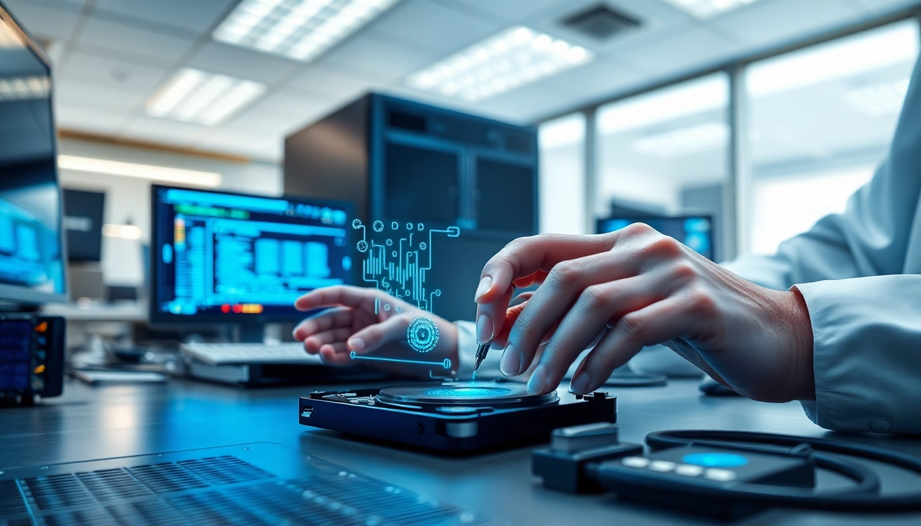 Datenrettung durch einen Techniker in einem modernen Büro mit Datenfluss um eine transparente Festplatte.