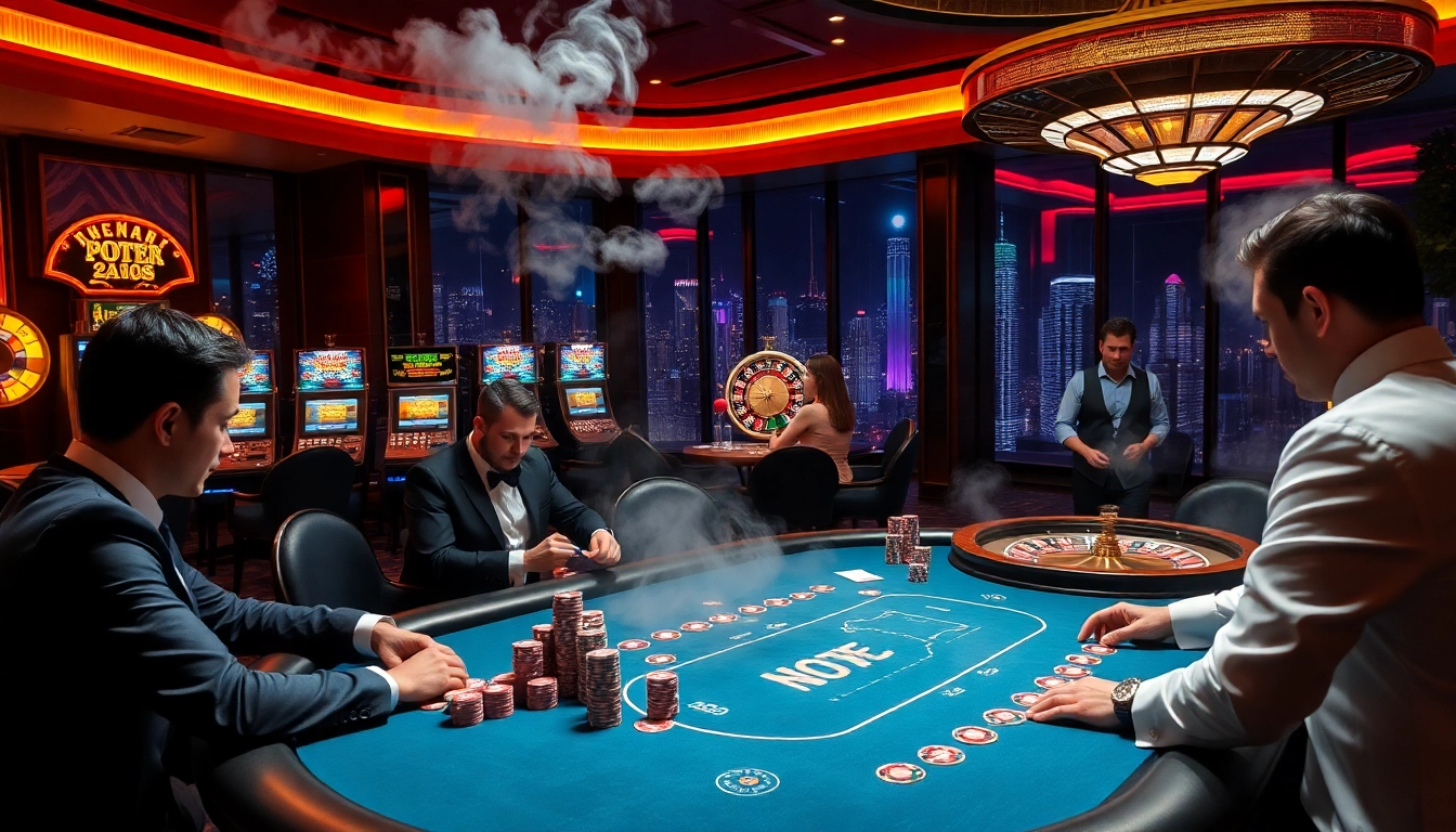 Experience high-stakes excitement at Nohu90's thrilling poker table with vibrant decor.