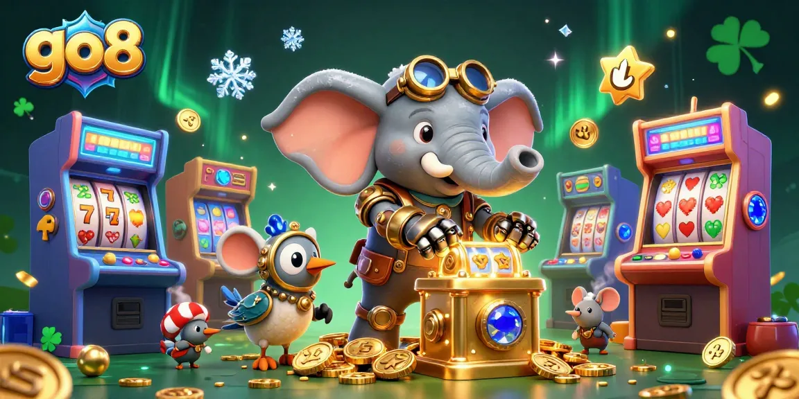 Spin the go8 slot machine with steampunk elements, colorful game machines, and shimmering coins.