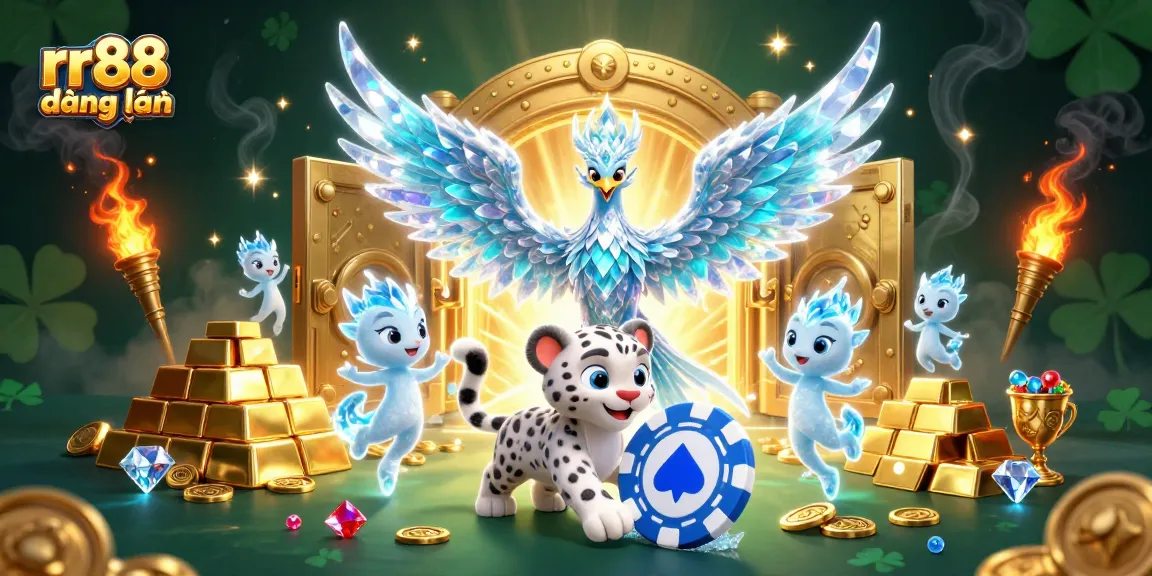 Engage in rr88 đăng nhập with an illustrated scene depicting luck and excitement with mythical characters and treasures.