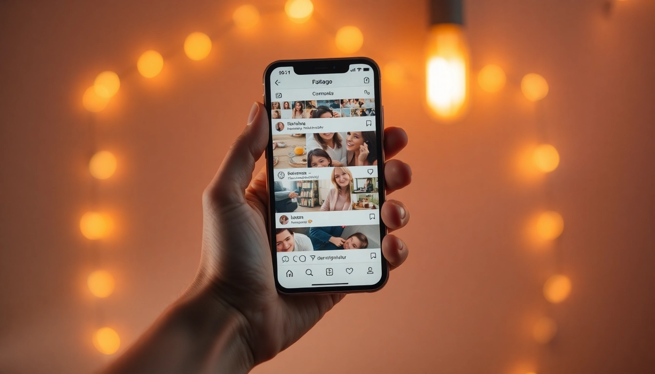 Instagram Kommentare kaufen: Hand hält Smartphone mit buntem Insta-Feed unter klarem Himmel