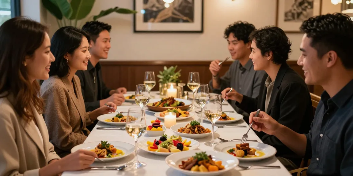 Friends savoring ROKOK88 menu recommendations at River City Restaurant with vibrant dishes.