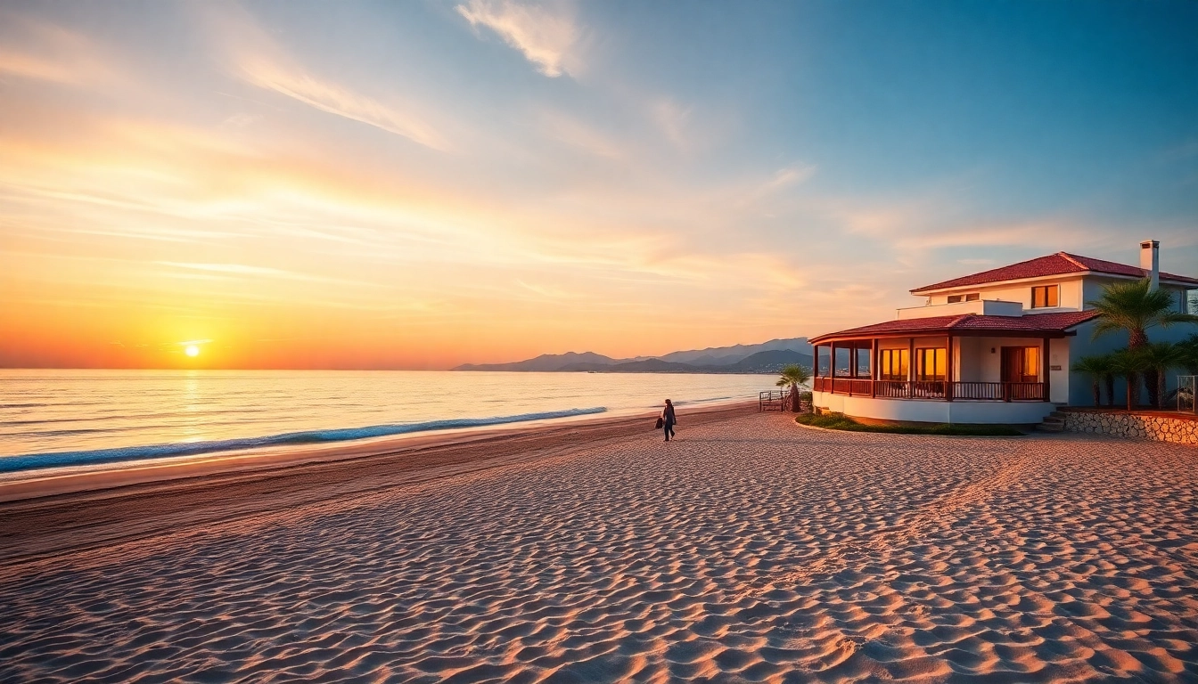 Beautiful beachfront property showcasing nordzypern immobilien am meer with stunning sunset views and golden sands.