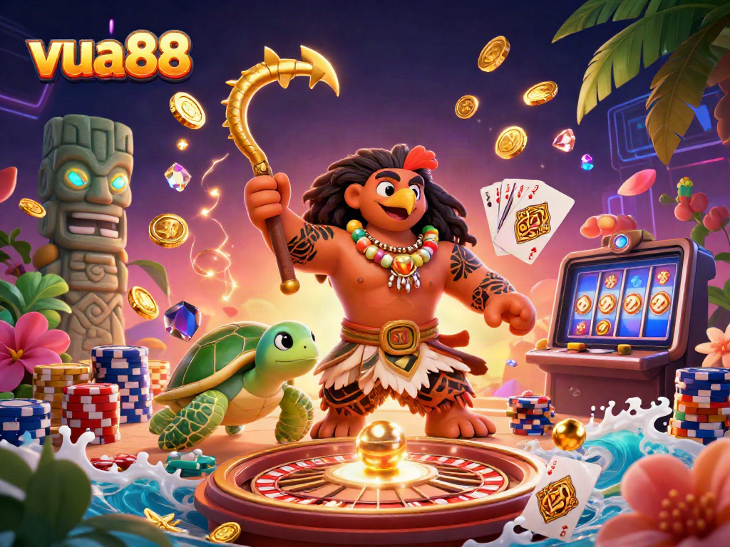 Engage in thrilling adventures with Vua88's vibrant 3D illustration of dynamic casino elements.