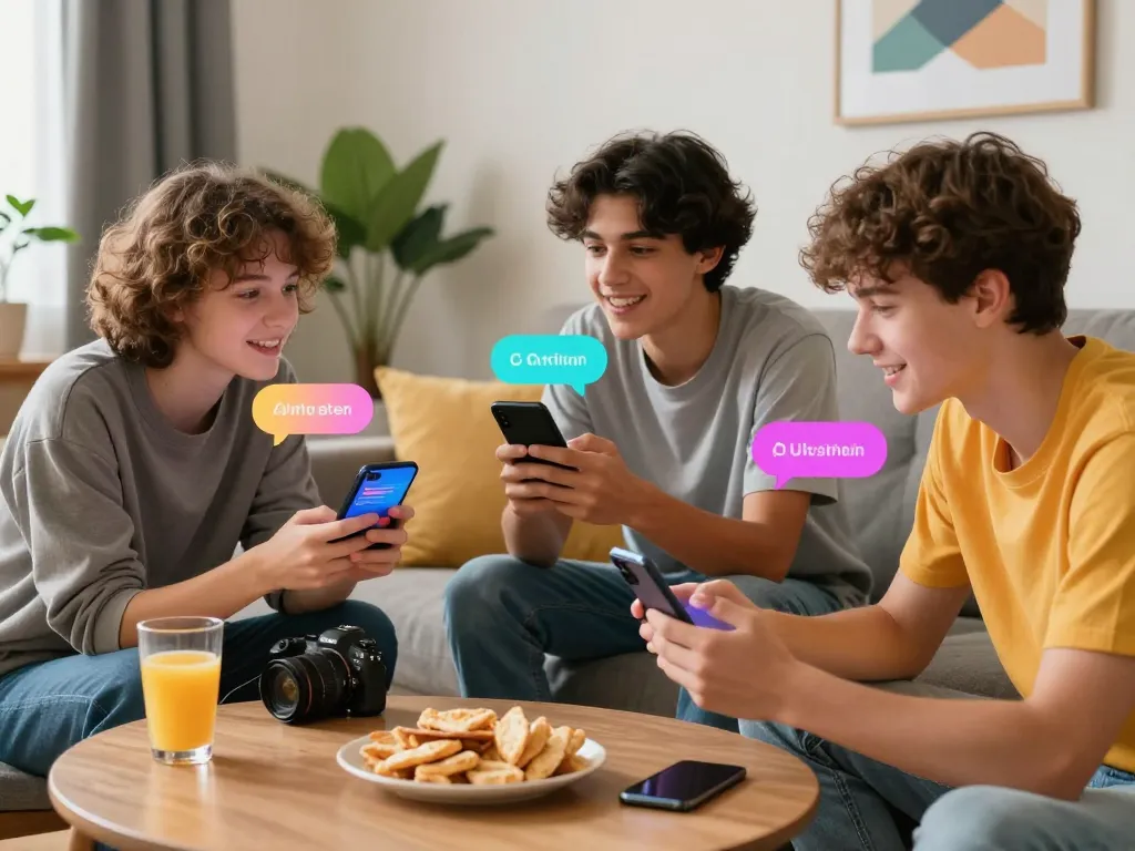 Flirtatious conversations of teens with sexting AI chatbots in a cozy setting.