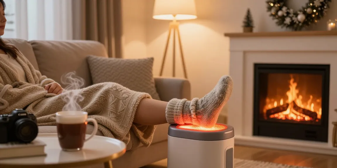 Gemütliche Wohnzimmer-Szene mit einem fußwärmer elektrisch, der die Füße während der Winterentspannung warm hält.