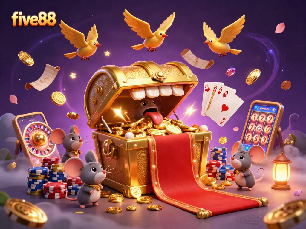 Engage with the excitement of five88, where adventurer mice are lured by a treasure chest amid a vibrant casino scene.