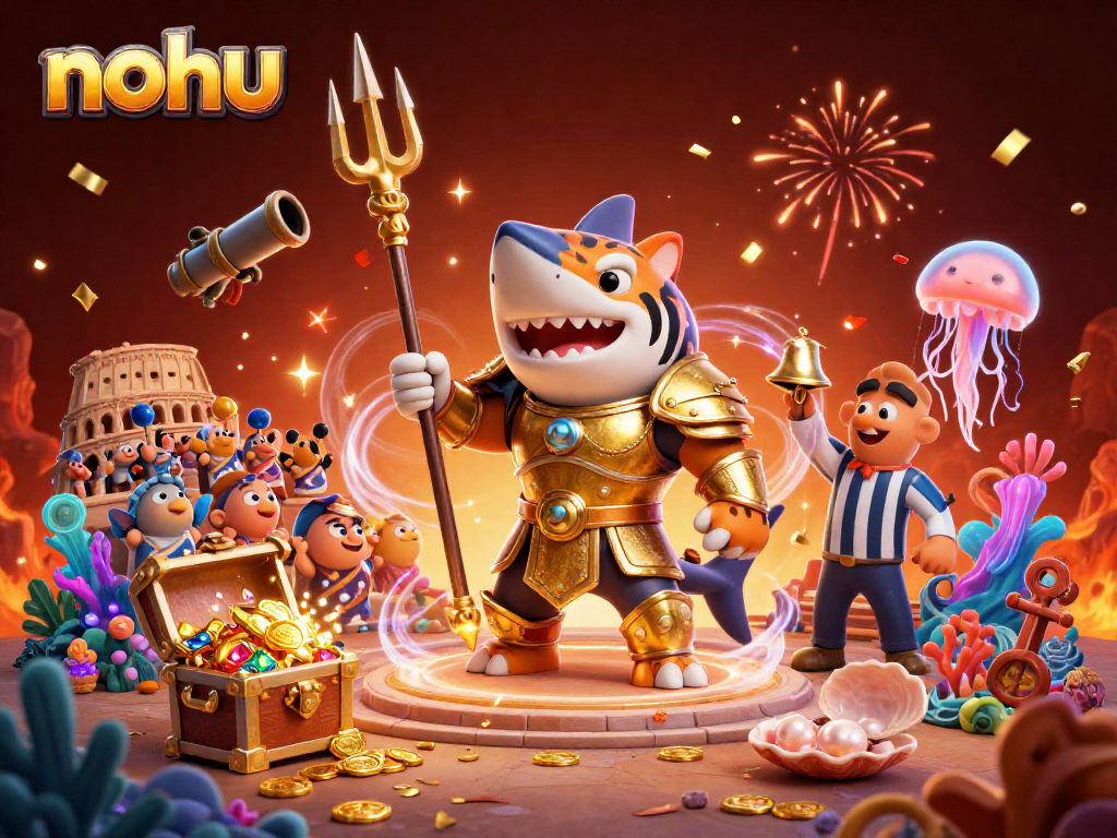 Nohu showcases a thrilling underwater gaming scene with a shark, fish, and exciting marine treasures.