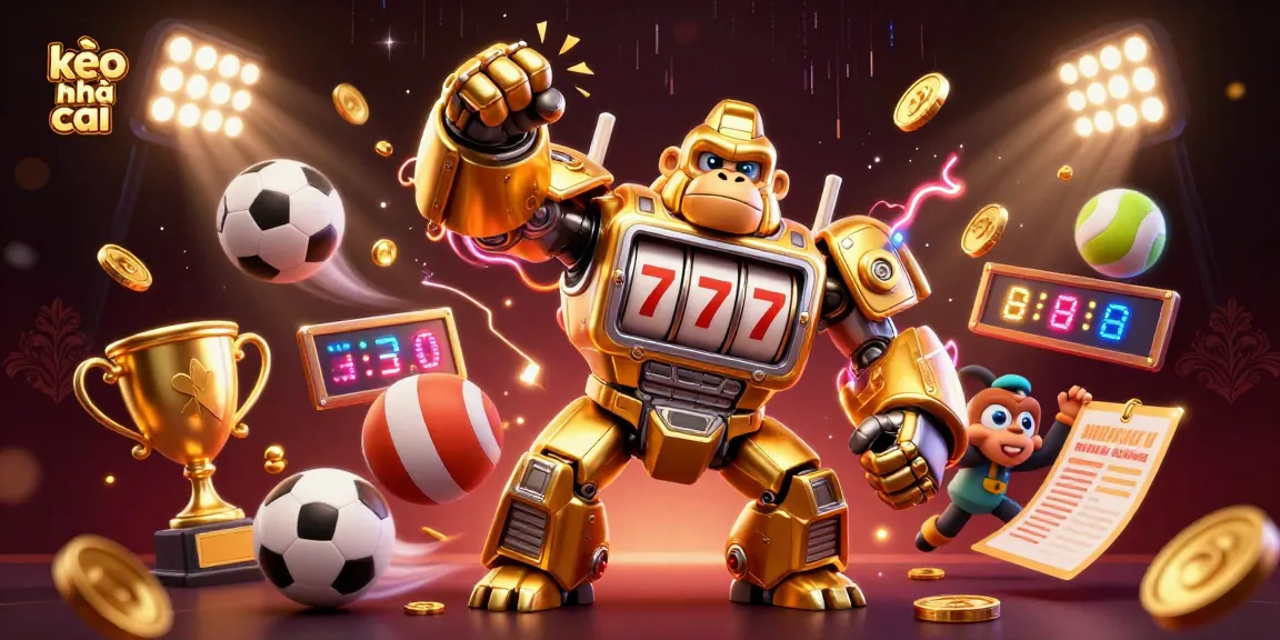 Kèo nhà cái visual featuring a gold mech gorilla hitting upwards among flying sports balls and gold coins, highlighting dynamic gambling action.