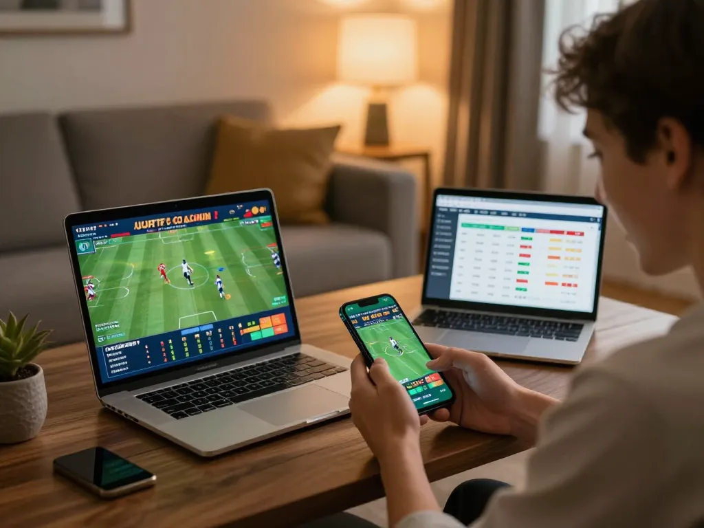 Engaging in แทงบอล betting on a smartphone, surrounded by sports memorabilia and strategy guides.