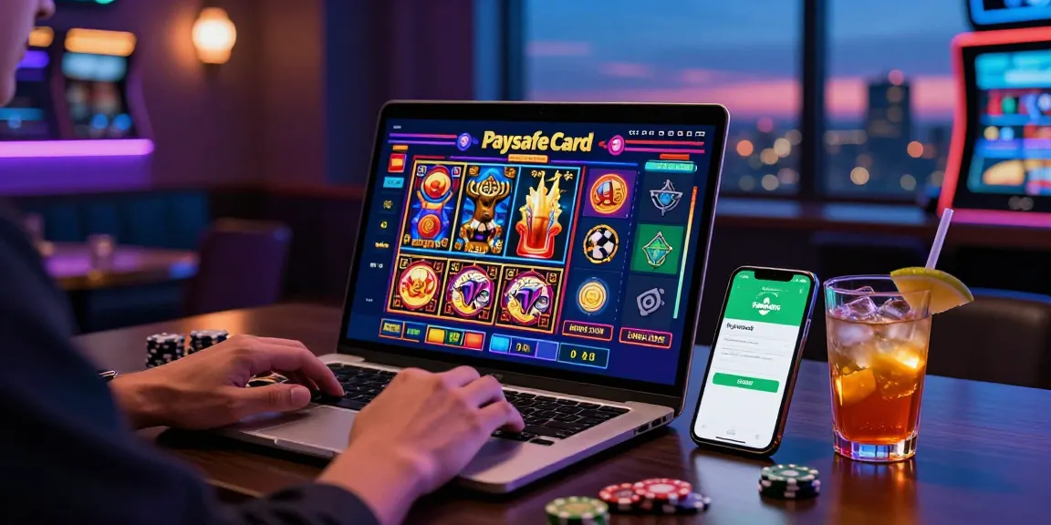Aufregende Spielszenen in einem Paysafe Card Casino mit Laptop, mobiler App und lebendiger Stadtkulisse.