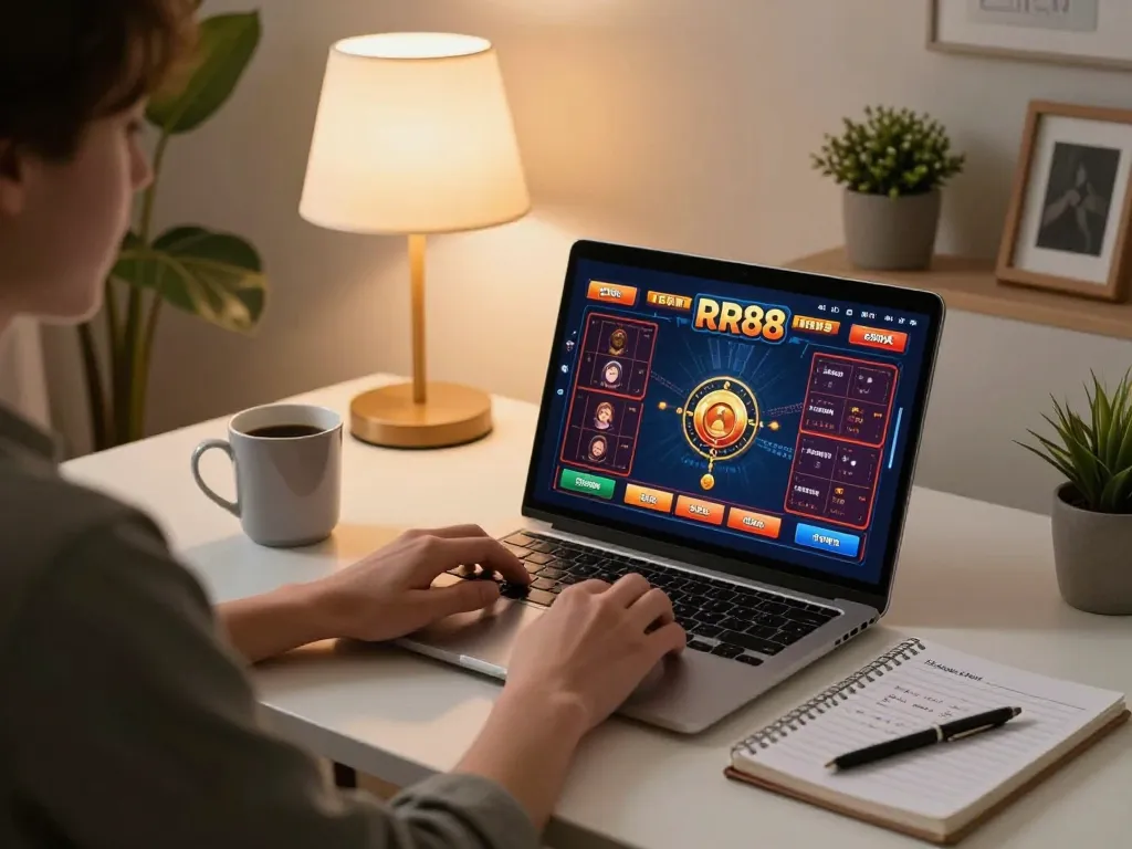 Engaged player enjoying online casino games on RR88 platform with strategic notes at hand.