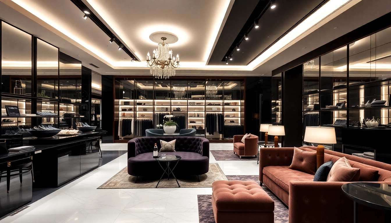 Luxury shopping experience in an elegantly designed store showcasing exquisite decor and plush seating.