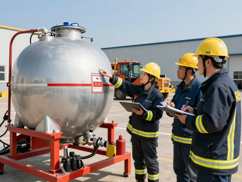 Mobile Löschwassertank-Installation für die Industrie, die Löschwasser für Industrieanlagen in Aktion zeigt, während Fachleute Sicherheitslösungen überprüfen.