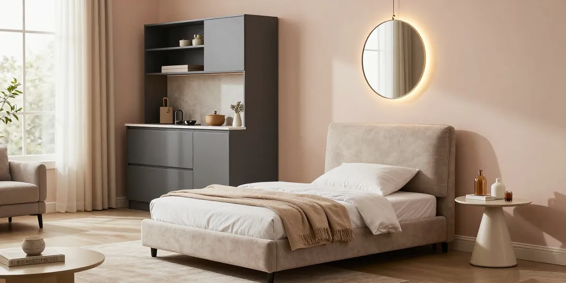 Stylisches Schlafzimmer-Setup mit der Option Möbel mit Lieferung kaufen, das ein modernes Einzelbett, eine elegante Kücheneinheit und einen dekorativen Wandspiegel zeigt.