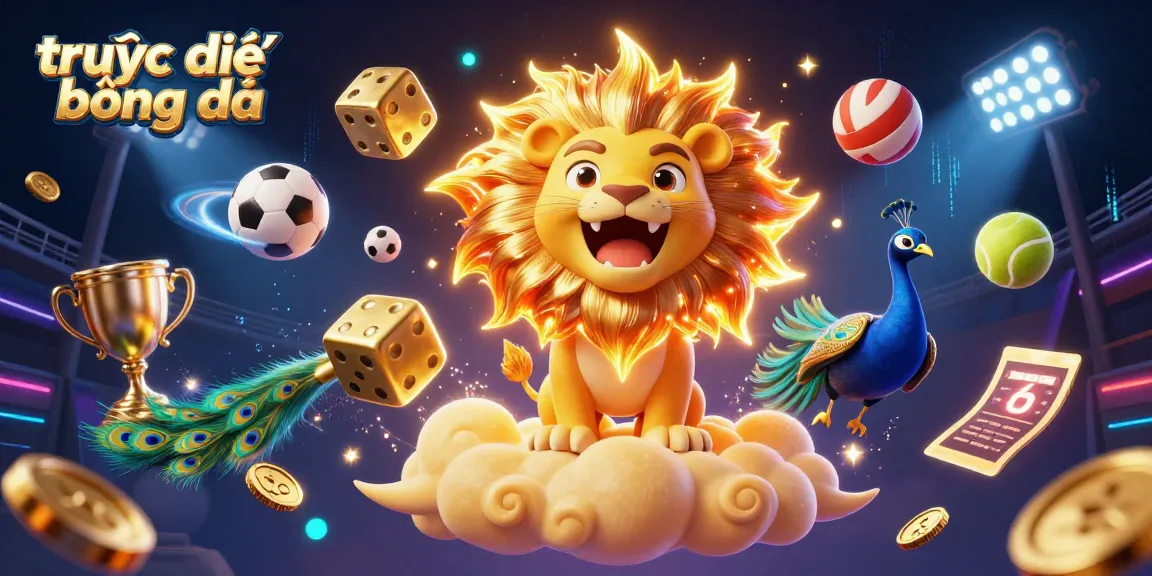 Experience trực tiếp bóng đá with vibrant 3D elements illustrating sports balls, dice, and a roaring lion.