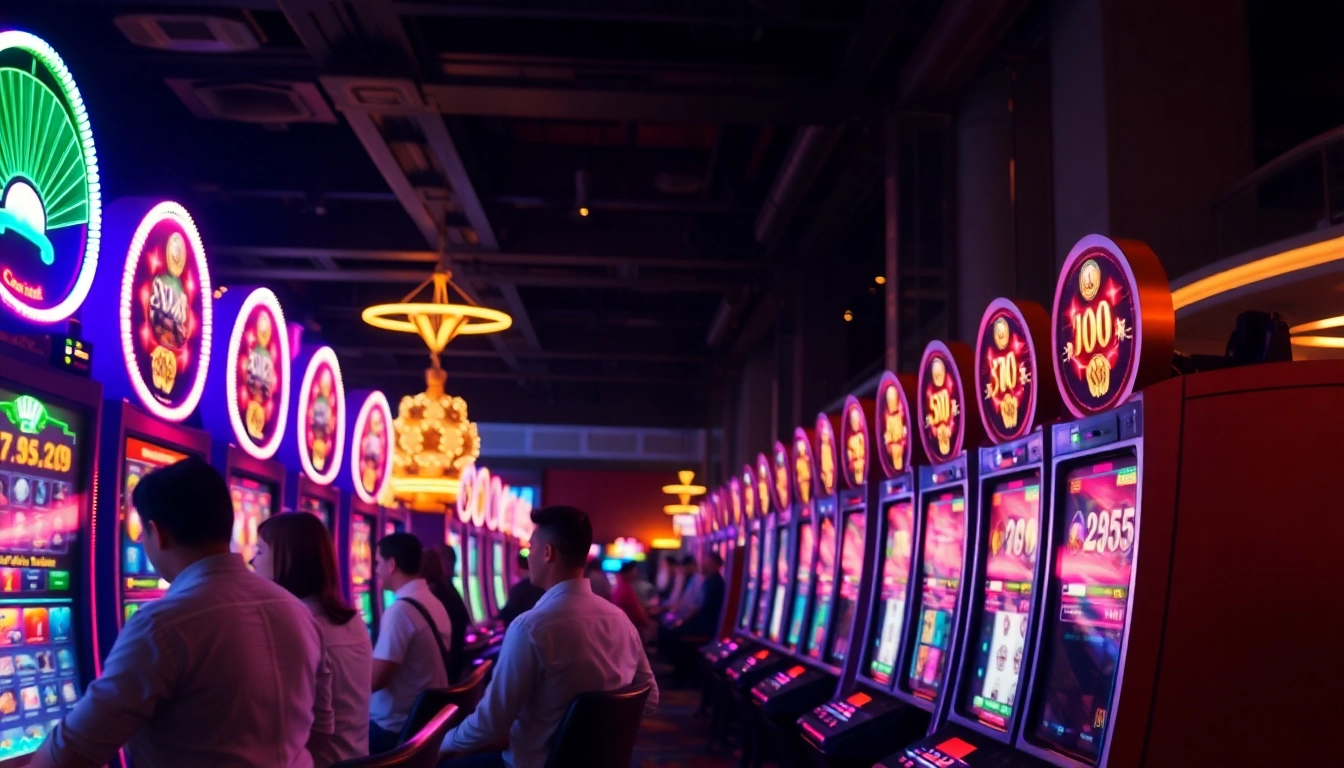 Spielen Sie mit einem Casino Bonus an aufregenden Spielautomaten in einem festlichen Casino-Ambiente.