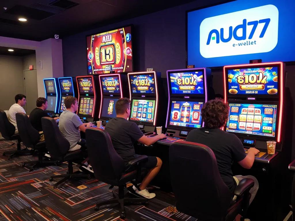 Engaging online gambling atmosphere showcasing aud77 e-wallet with diverse players excitedly gaming.