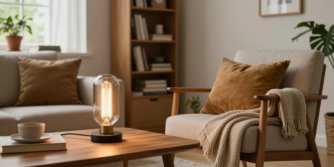 Gemütliches Wohnzimmer mit einer Filamentlampe Leuchtmittel, die den Raum erhellt.