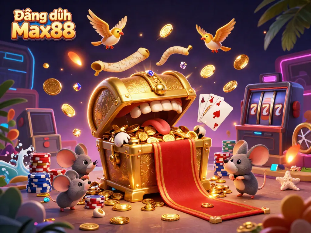 Engagingly promote Đăng ký Max88 with a captivating 3D casino illustration showcasing golden treasures and animated elements.