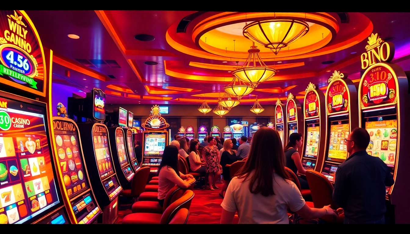 Players enjoy thrilling games at an online casino Österreich, showcasing vibrant slot machines and a lively atmosphere.