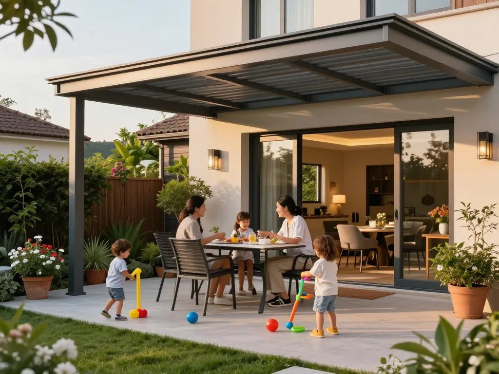 Schöne Familienzusammenkunft im Freien unter einer modernen Terrassenüberdachung auf einer sonnigen Terrasse.