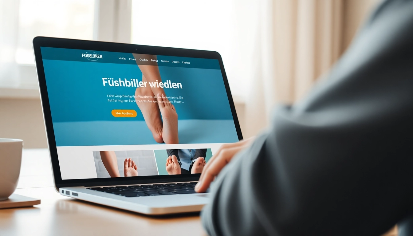 Fußbilder verkaufen auf einem Laptop mit einem modernen Design hinterlegt.