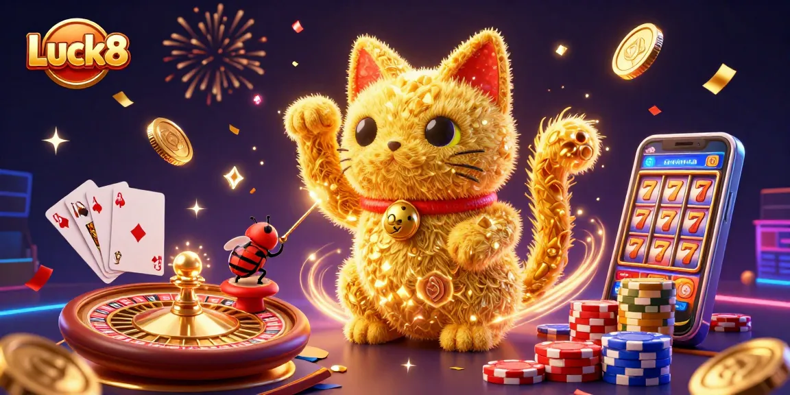 Experience Luck8's vibrant gaming atmosphere with a lucky cat and casino symbols in action.