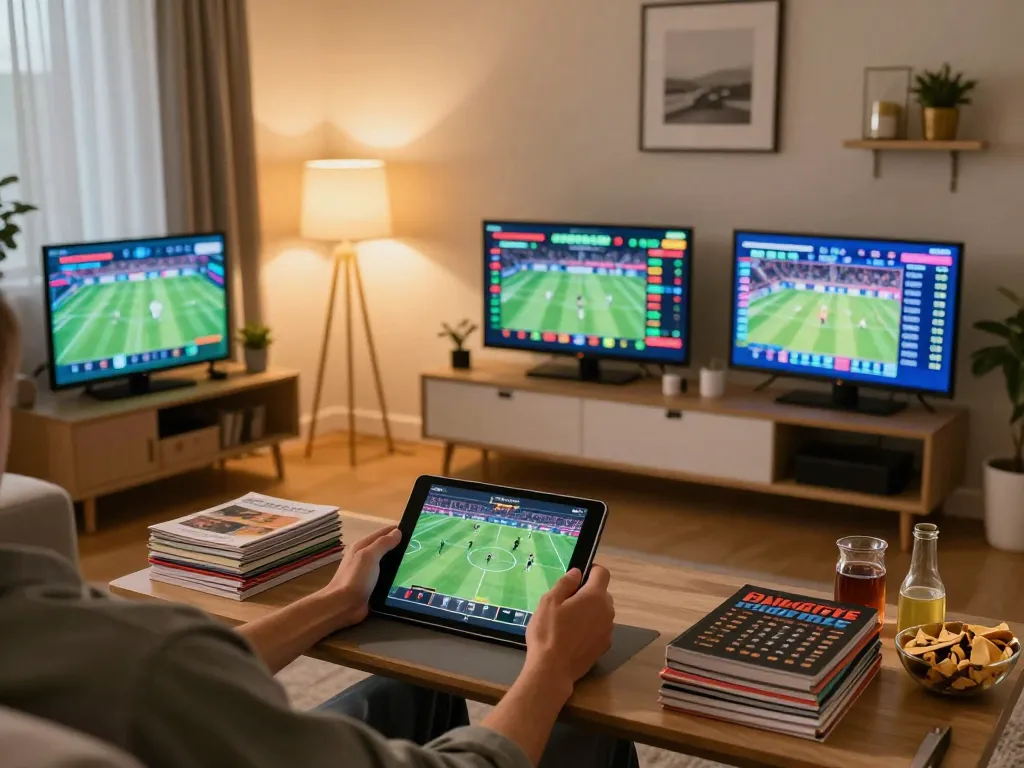 f168 player engaged in sports betting on tablet at home, showcasing dynamic online casino atmosphere.