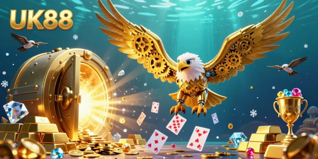 Engage with UK88, diving into exhilarating online gambling with a captivating scene of golden treasures.