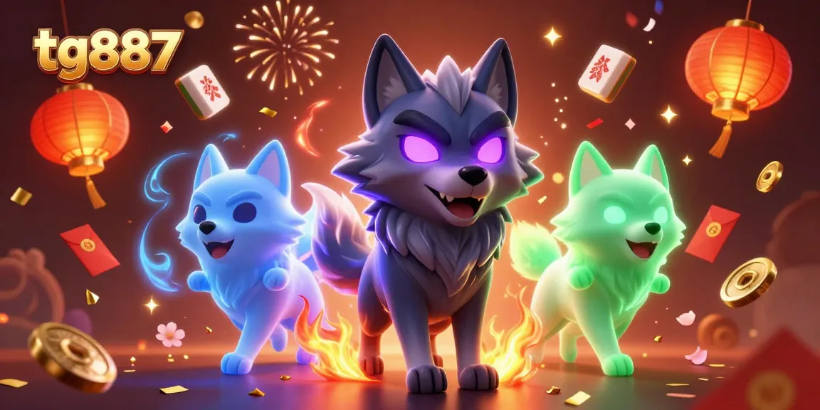 Experience thrilling gaming with tg887, featuring a 3D cartoon wolf leader surrounded by dynamic casino elements like mahjong tiles and lucky coins.