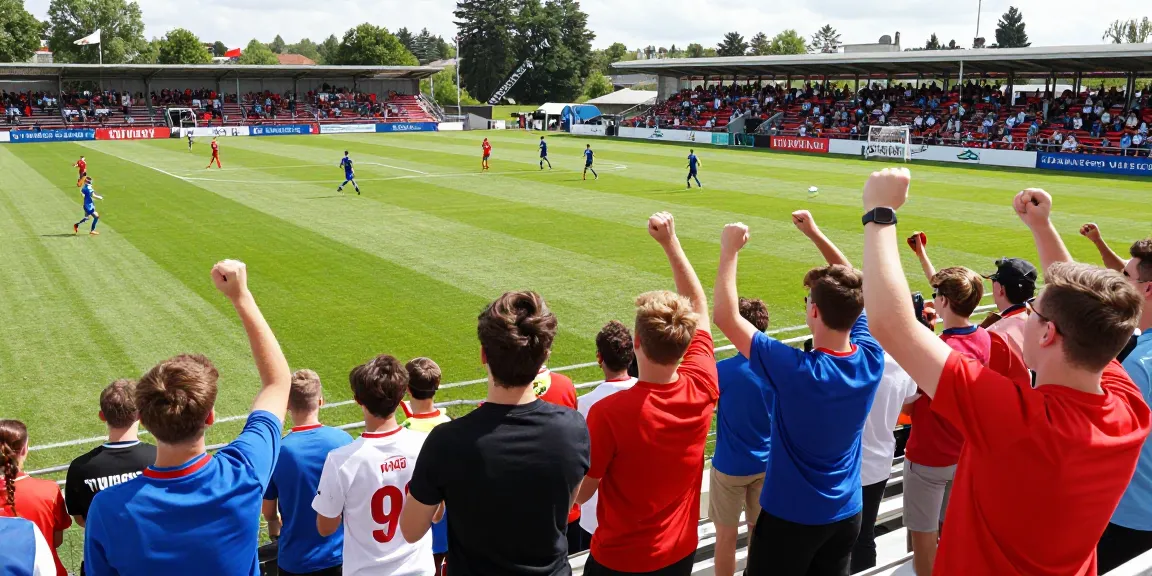 Wetten Fußball: Junges Publikum jubelt voller Begeisterung während eines Fußballspiels.