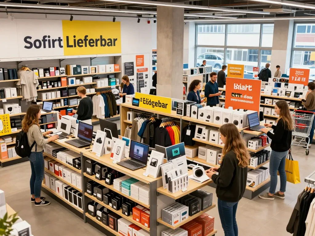 Sofort Lieferbar Produkte, die in einer belebten E-Commerce-Einzelhandelsumgebung mit fröhlichen Kunden, die interagieren, ausgestellt sind.