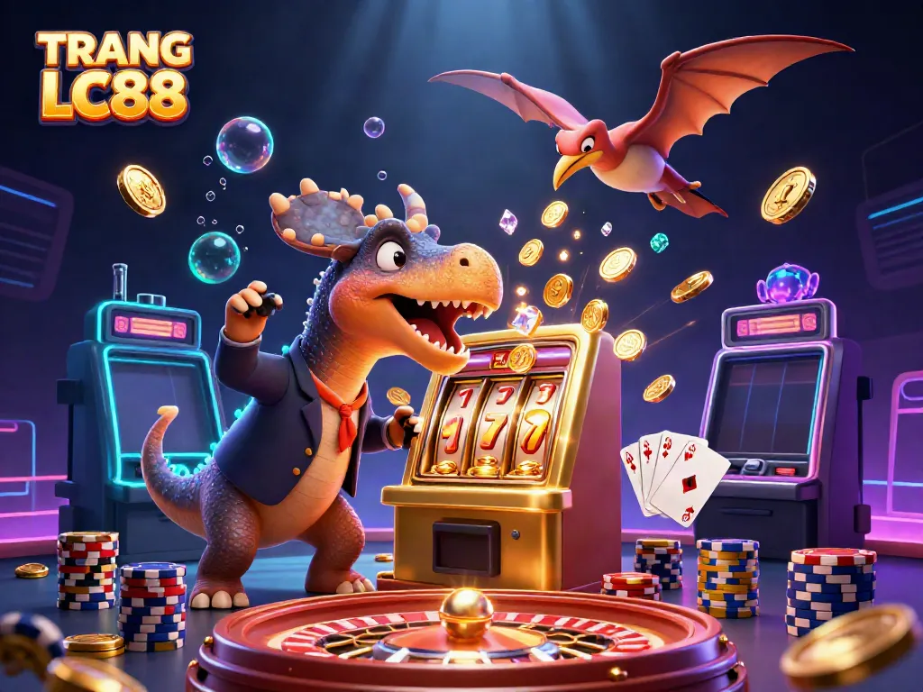 Win big at TRANG CHỦ LC88 while a pachycephalosaurus plays slots, surrounded by cascading coins.