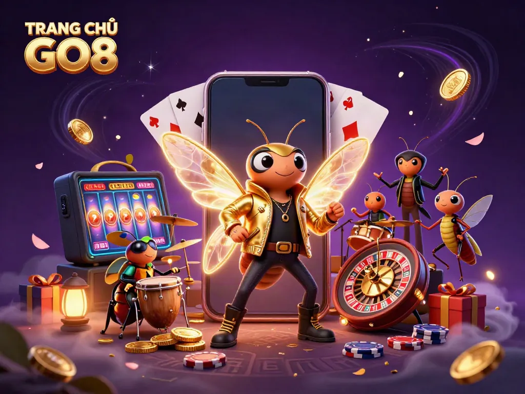 Engaging TRANG CHỦ GO8 3D casino-themed illustration with vibrant characters and gaming elements.
