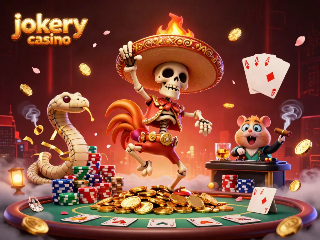 Experience the joy at jokery casino with a lively illustration of a cartoon rooster dancing surrounded by poker elements.