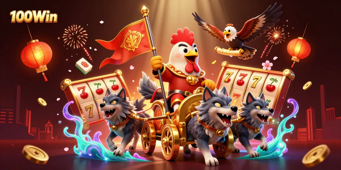 Experience thrilling slots action with 100Win featuring a rooster warlord in a vibrant casino scene.