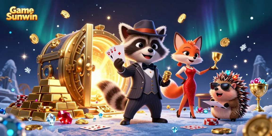 Experience the thrill of Game Sunwin with vibrant casino action including poker, gold treasures, and dynamic characters.