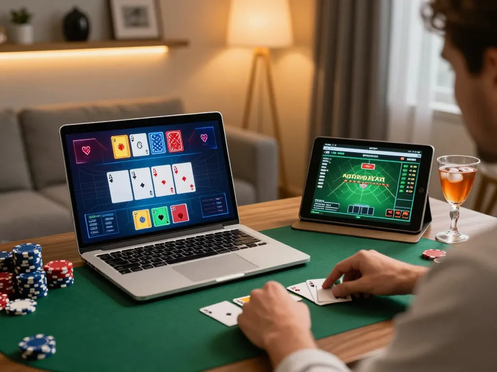 VA88 online poker player engaged in high-stakes gameplay on a stylish laptop in a modern home office.