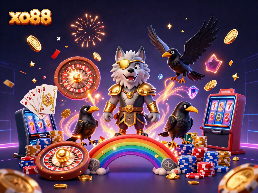 Experience exciting moments at xo88 with a vibrant 3D scene of Odin wolf and casino game elements