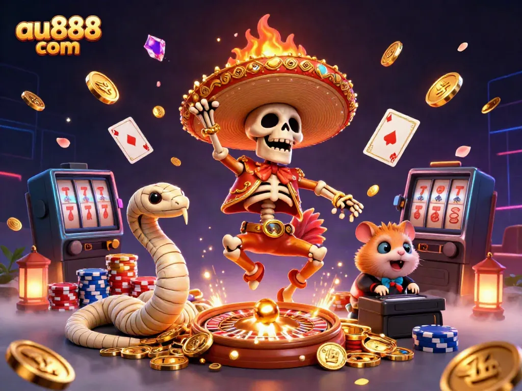 Experience vibrant gaming excitement with au888 com's thrilling casino scene featuring dynamic characters.