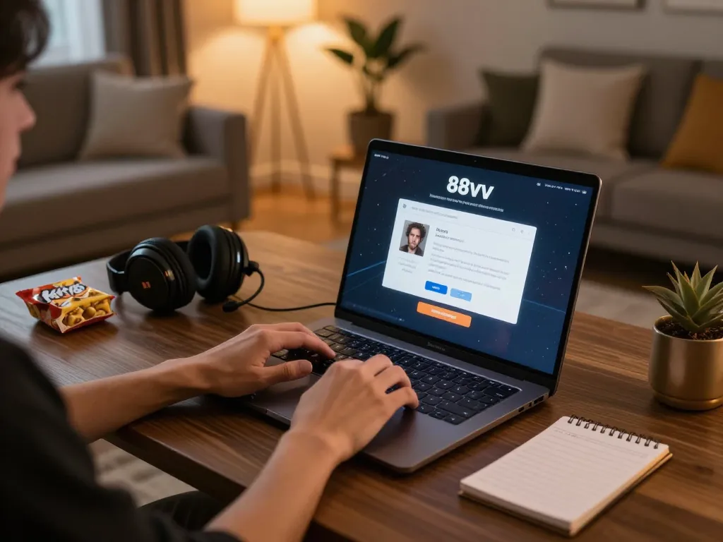 Registering for 88vv with a person using a laptop in a cozy home gaming setup.