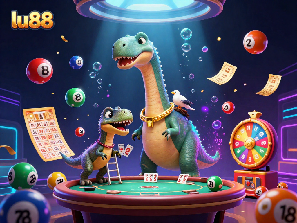 Experience fun and excitement with lu88 as a brontosaurus surveys a dynamic casino scene filled with vibrant game elements.